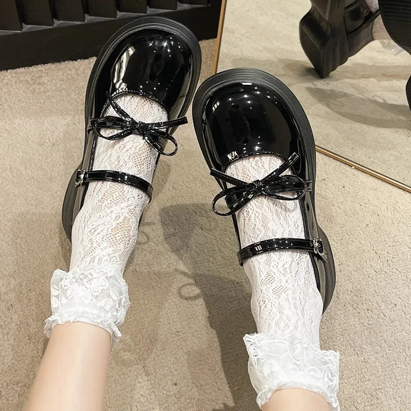 Aiertu Black Chunky Platform Mary Jane Shoes for Women  Autumn Patent Leather Pumps Woman Thick Bottom Bowknot Lolita Shoes Ladies