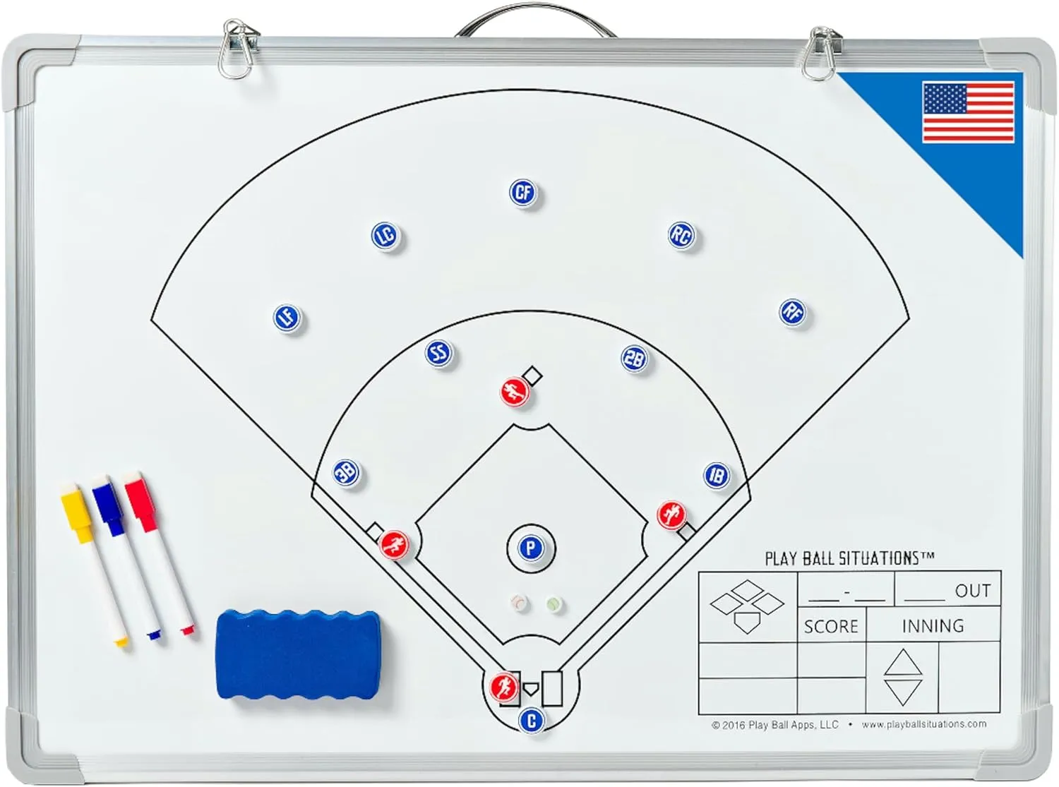 Baseball Softball Situation Board for Coaches  2-Sided, Magnetic, Dry Erase Whiteboard Training Tool  Includes Dry Erase Markers, Eraser, Position, Ball and Runner Magnets