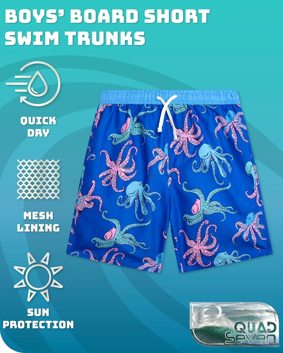 Boys Swim Trunks - Quick Dry Sun Protection Board Shorts with Breathable Mesh Lining and Drawstring Waist (Sizes: 8-18)