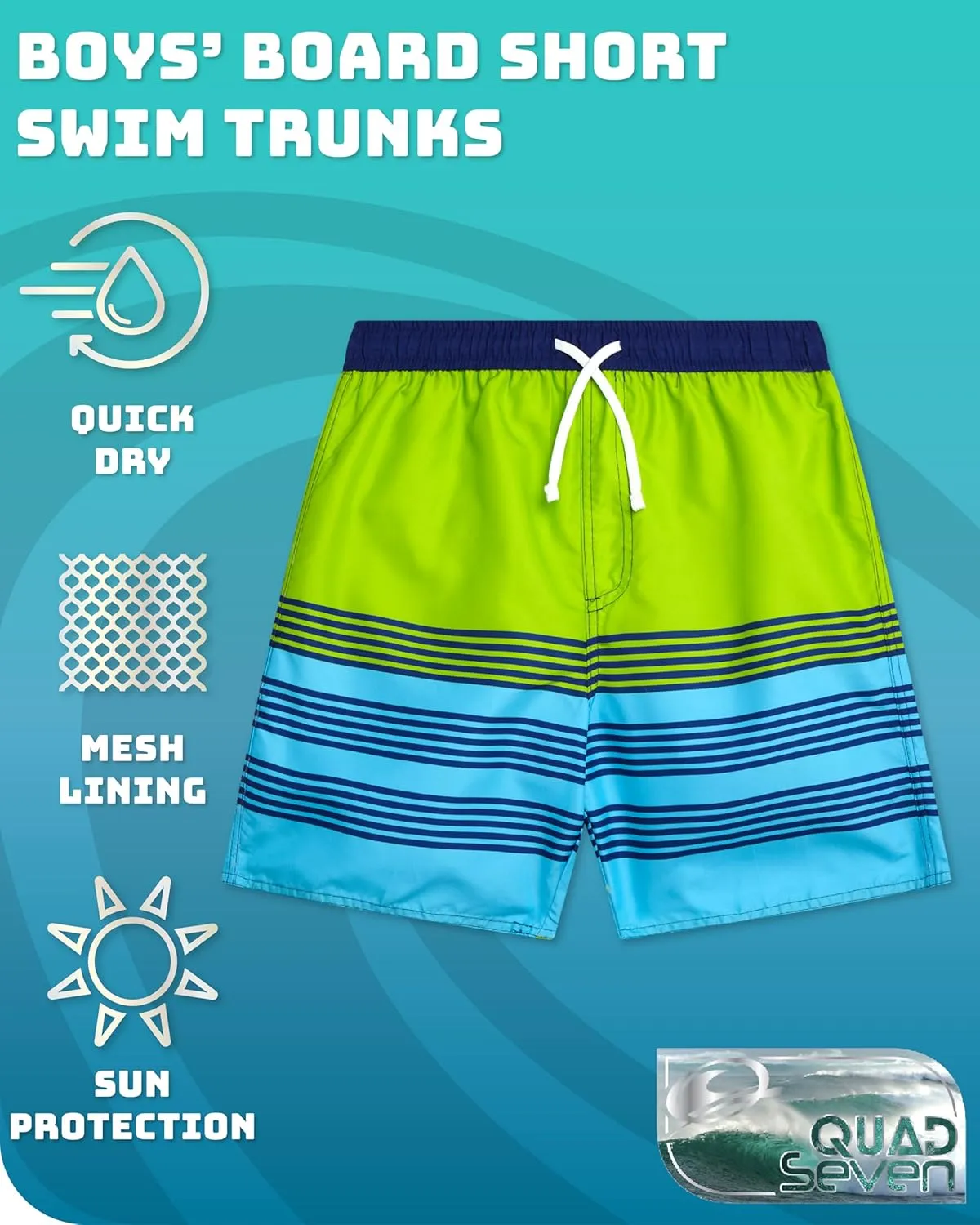 Boys Swim Trunks - Quick Dry Sun Protection Board Shorts with Breathable Mesh Lining and Drawstring Waist (Sizes: 8-18)