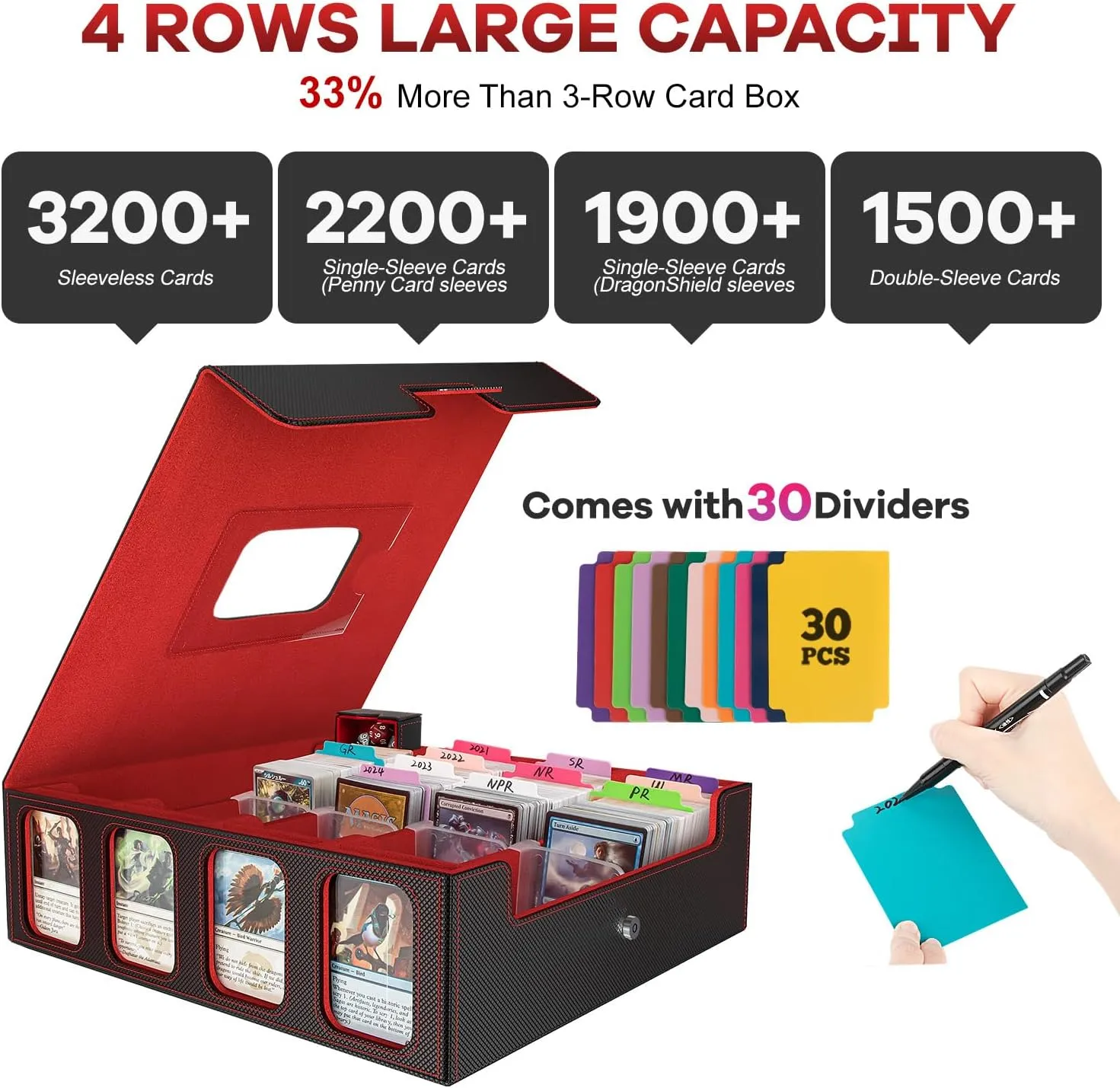 Card Storage Box 3200  MTG Deck Box with 30 Colorful Divider, Commander Trading Card Cases with Portable Handle & Viewing Windows Fits for MTG/TCG/Magic Cards (Black & Red)
