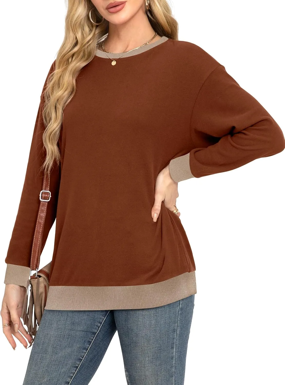 Desol Women Fall Sweatshirt Crewneck Long Sleeve Pullover Tops 2024 Casual Loose Color Block Ribbed Trim Outfits