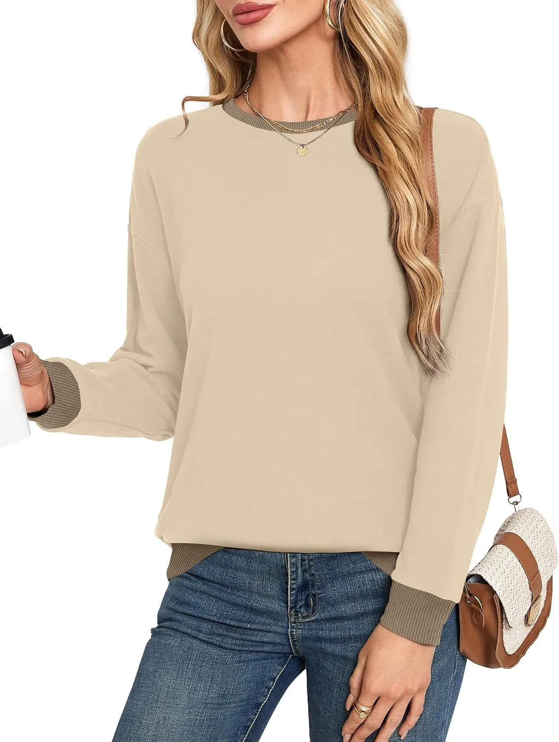 Desol Women Fall Sweatshirt Crewneck Long Sleeve Pullover Tops 2024 Casual Loose Color Block Ribbed Trim Outfits