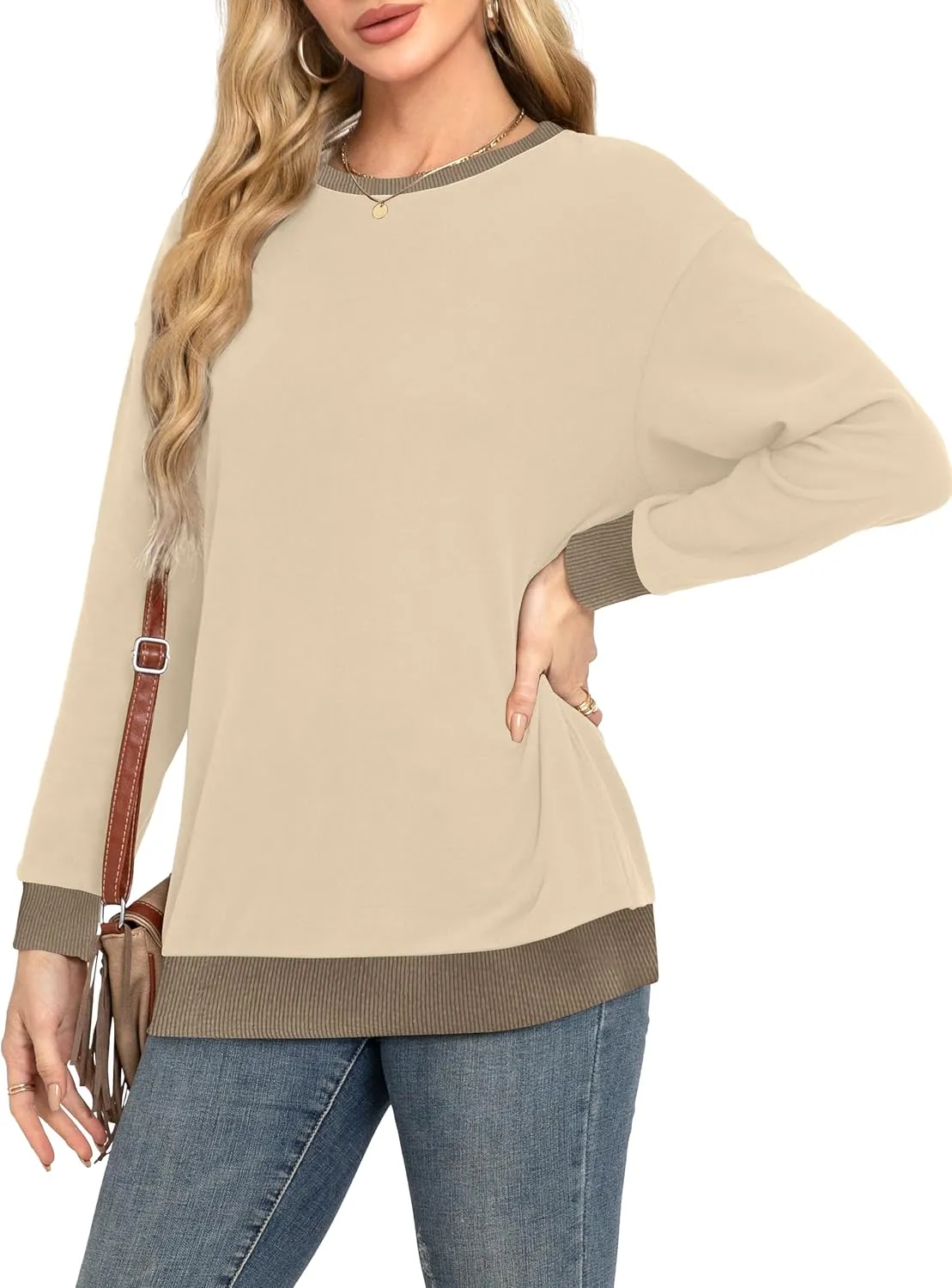 Desol Women Fall Sweatshirt Crewneck Long Sleeve Pullover Tops 2024 Casual Loose Color Block Ribbed Trim Outfits