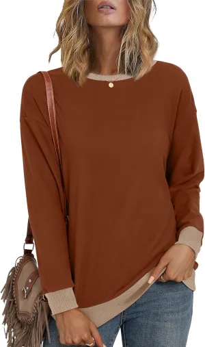 Desol Women Fall Sweatshirt Crewneck Long Sleeve Pullover Tops 2024 Casual Loose Color Block Ribbed Trim Outfits