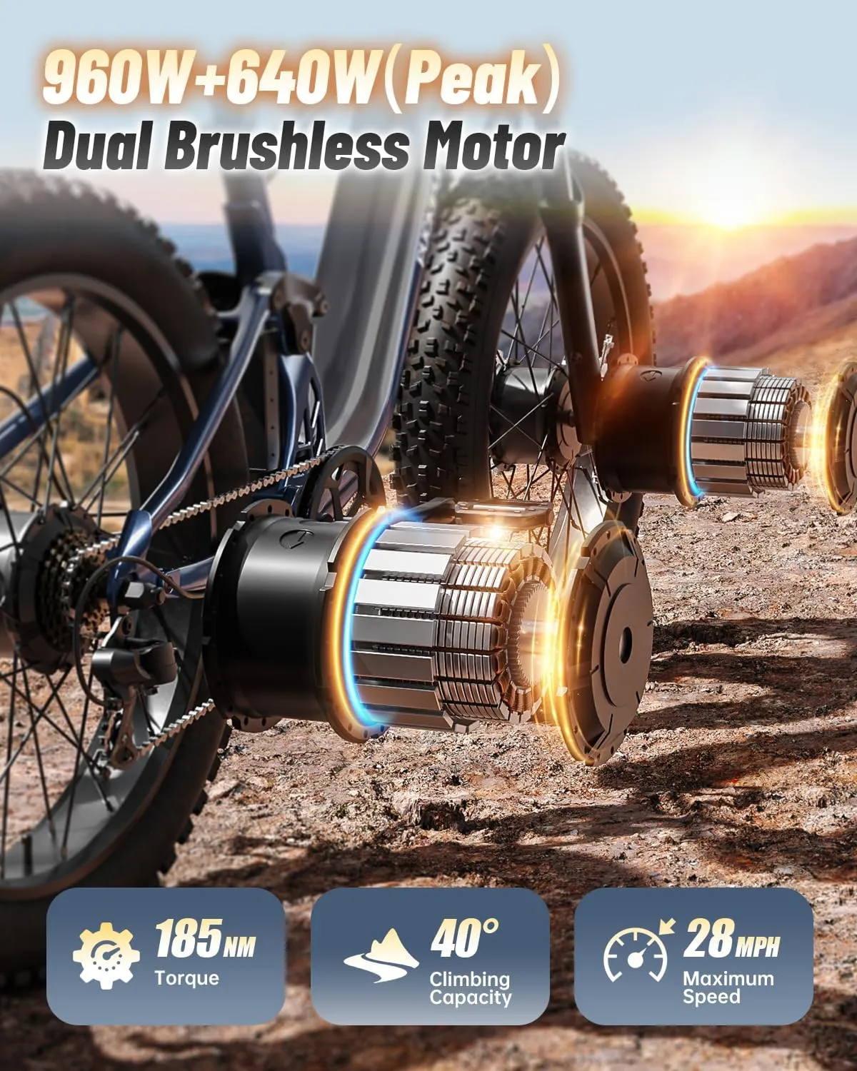 Dual Motor Electric Bike for Adults 1600W, 48V 20AH Battery, Full Suspension 26" Fat Tire E Bike, 28MPH 80Miles Range Mountain Electric Bicycle, 7 Speed, Golden Retriever