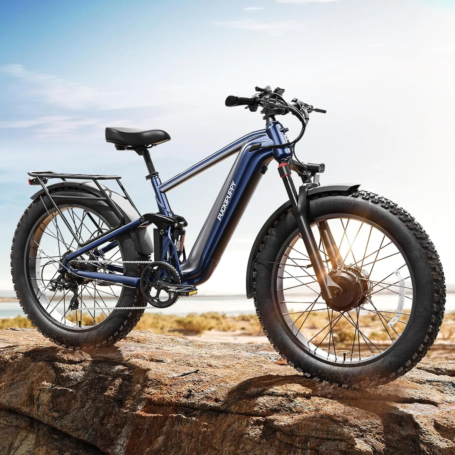 Dual Motor Electric Bike for Adults 1600W, 48V 20AH Battery, Full Suspension 26" Fat Tire E Bike, 28MPH 80Miles Range Mountain Electric Bicycle, 7 Speed, Golden Retriever