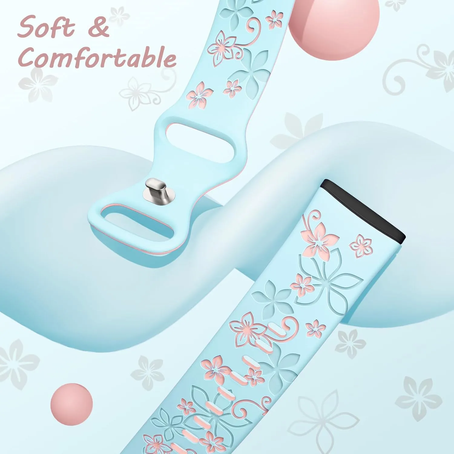 Floral Engraved Bands Compatible for Fitbit Sense & Versa 3/4, Soft Cute Two-Tone Flower Sport Watch Strap Replacement Wristbands