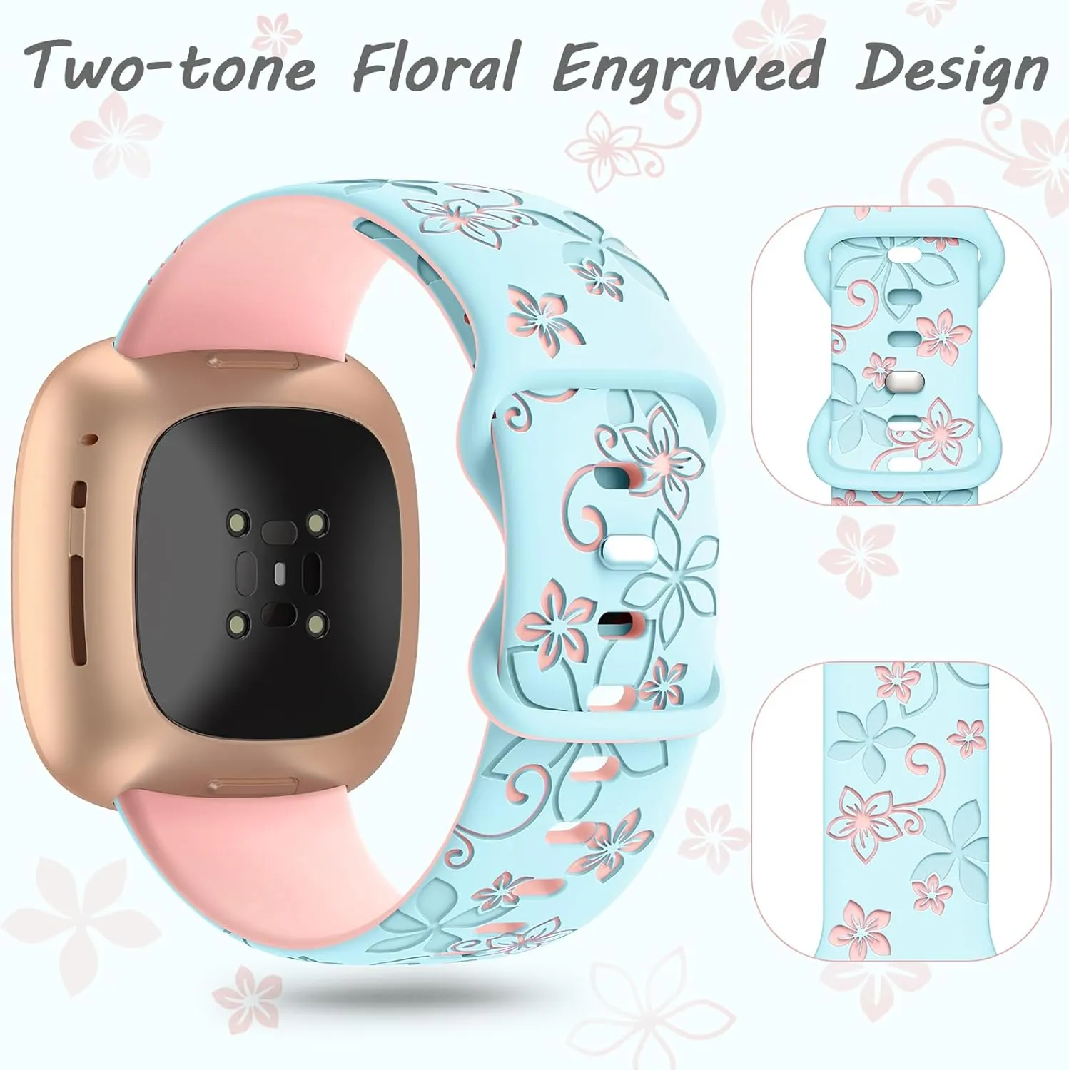 Floral Engraved Bands Compatible for Fitbit Sense & Versa 3/4, Soft Cute Two-Tone Flower Sport Watch Strap Replacement Wristbands