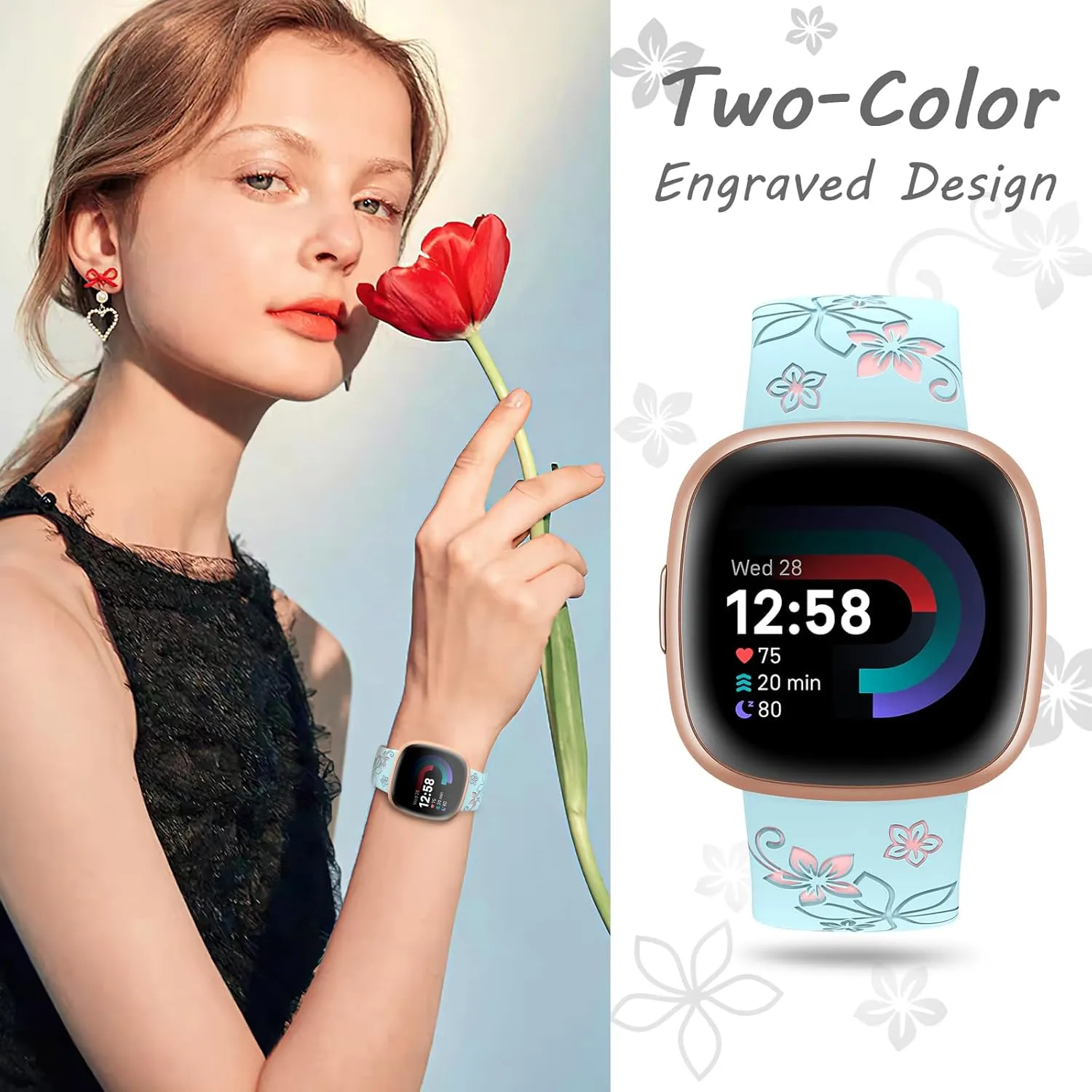 Floral Engraved Bands Compatible for Fitbit Sense & Versa 3/4, Soft Cute Two-Tone Flower Sport Watch Strap Replacement Wristbands