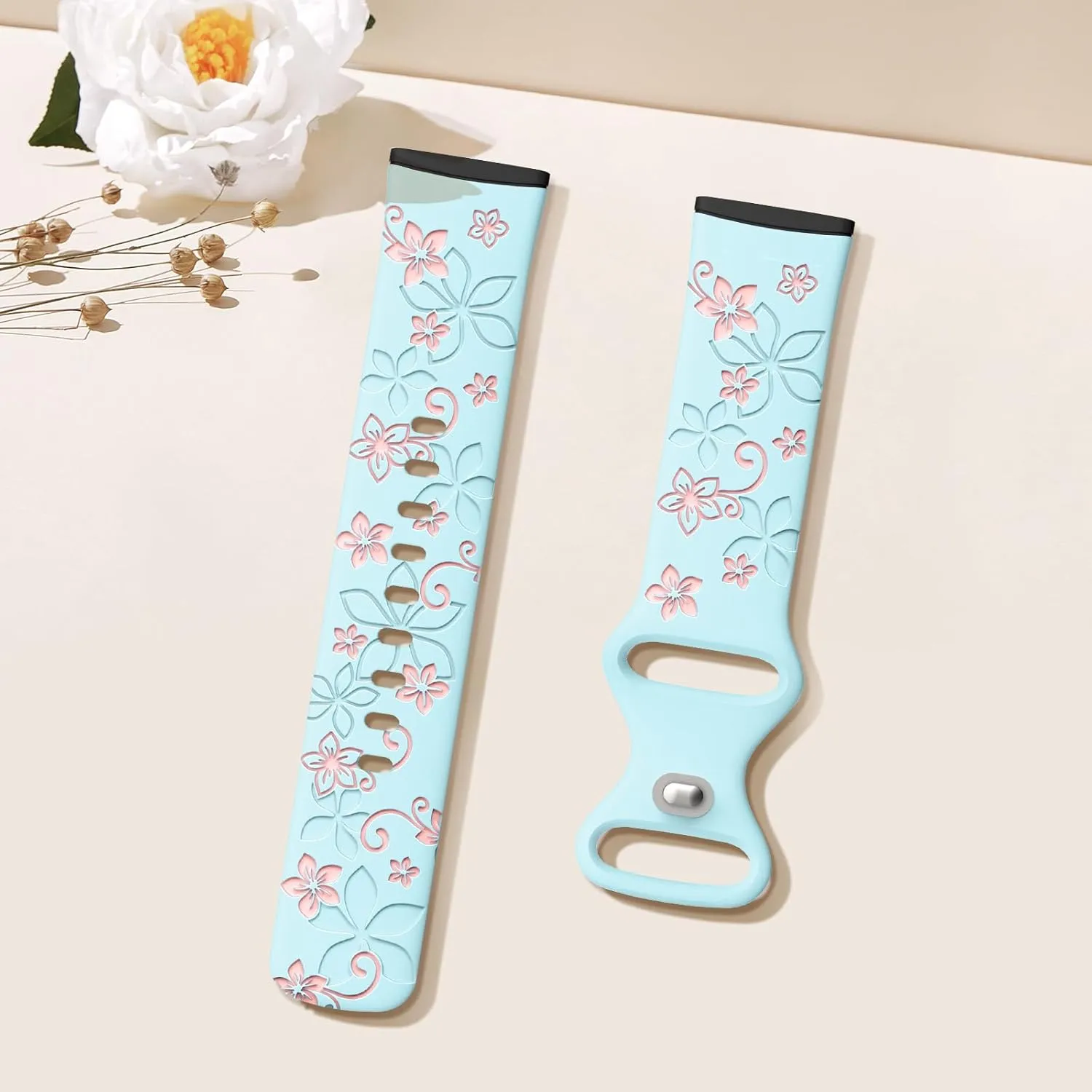Floral Engraved Bands Compatible for Fitbit Sense & Versa 3/4, Soft Cute Two-Tone Flower Sport Watch Strap Replacement Wristbands