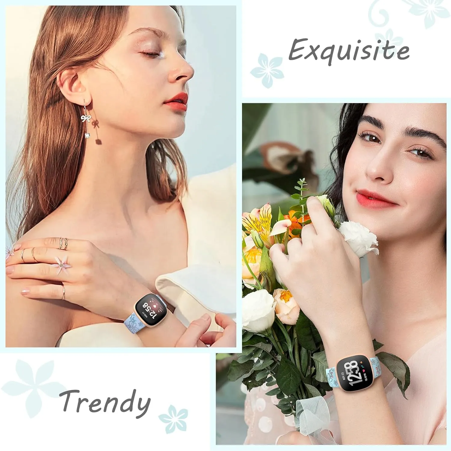 Floral Engraved Bands Compatible for Fitbit Sense & Versa 3/4, Soft Cute Two-Tone Flower Sport Watch Strap Replacement Wristbands