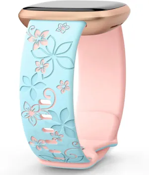Floral Engraved Bands Compatible for Fitbit Sense & Versa 3/4, Soft Cute Two-Tone Flower Sport Watch Strap Replacement Wristbands