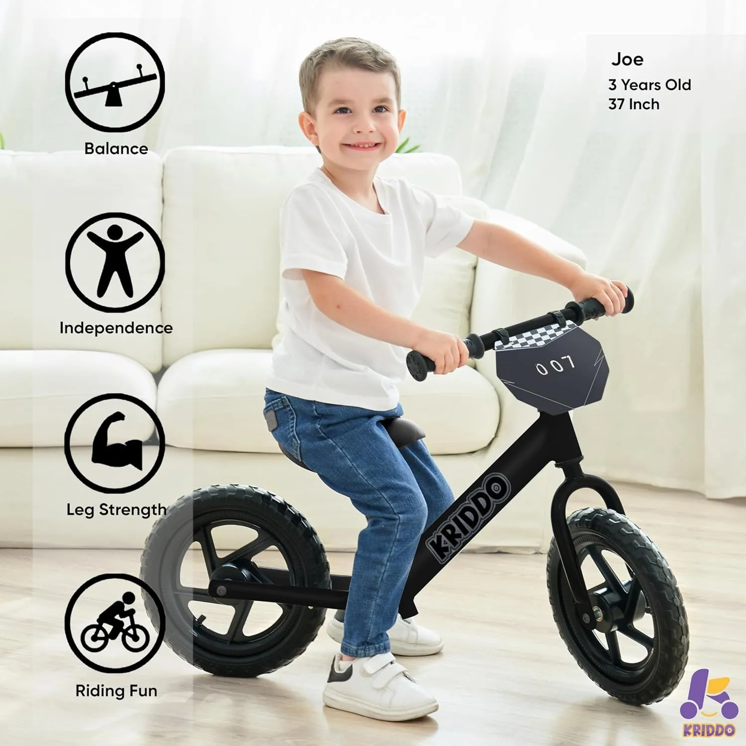 KRIDDO Toddler Balance Bike 2 Year Old, Age 24 Months to 5 Years Old, 12 Inch Push Bicycle with Customize Plate (3 Sets of Stickers Included), Steady Balancing, Gift Bike for 2-3 Boys Girls