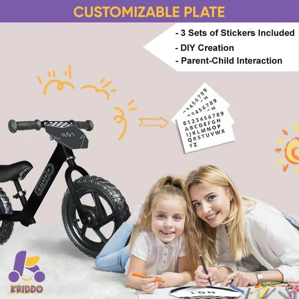 KRIDDO Toddler Balance Bike 2 Year Old, Age 24 Months to 5 Years Old, 12 Inch Push Bicycle with Customize Plate (3 Sets of Stickers Included), Steady Balancing, Gift Bike for 2-3 Boys Girls