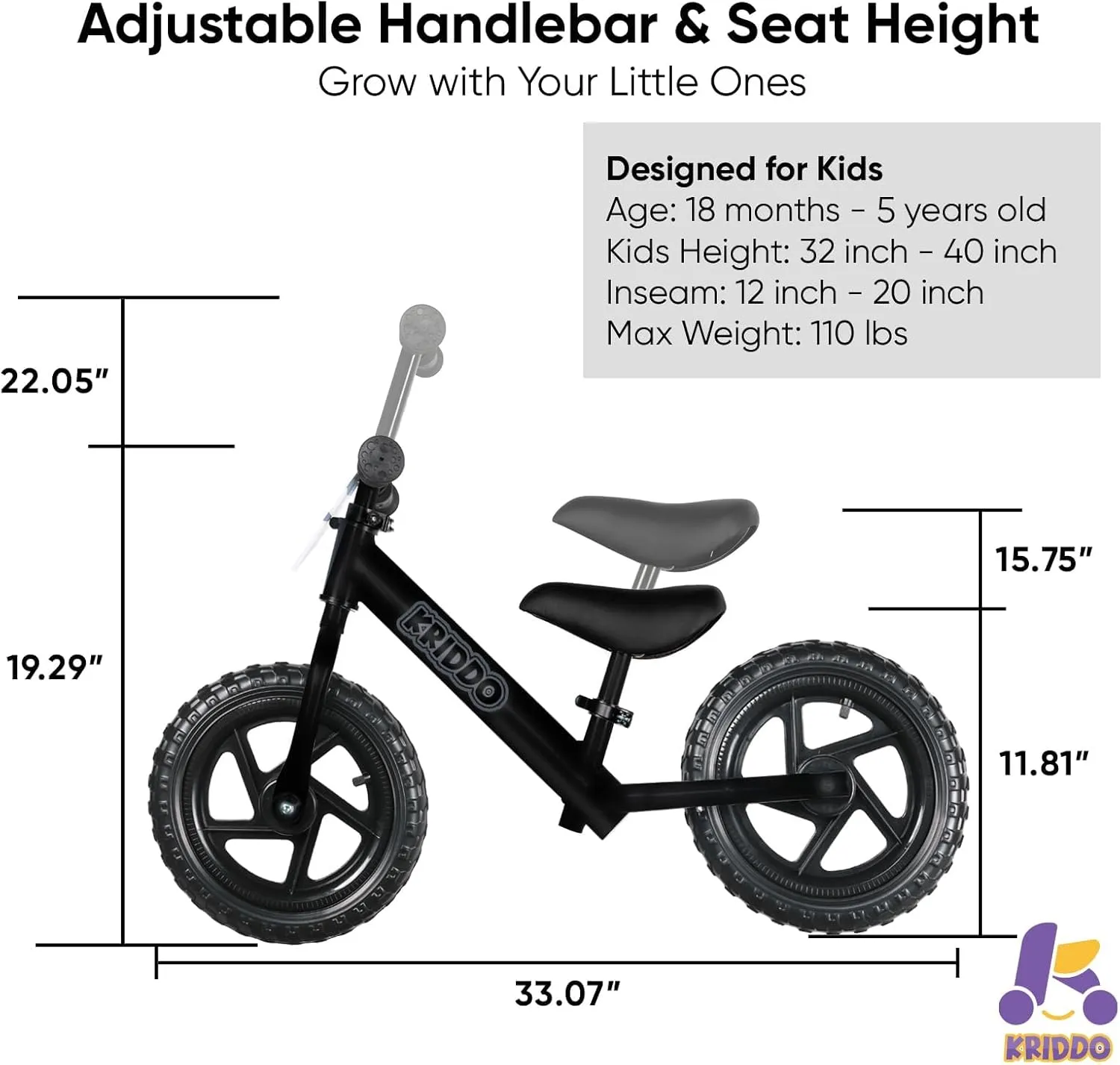 KRIDDO Toddler Balance Bike 2 Year Old, Age 24 Months to 5 Years Old, 12 Inch Push Bicycle with Customize Plate (3 Sets of Stickers Included), Steady Balancing, Gift Bike for 2-3 Boys Girls