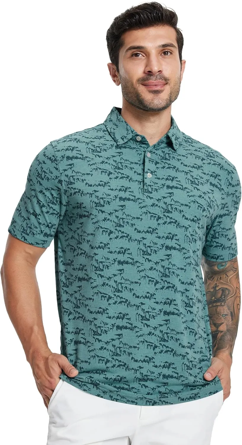 M MAELREG Golf Shirts for Men Print Performance Moisture Wicking Dry Fit Heather Stripe Collared Mens Polo Shirt Short Sleeve