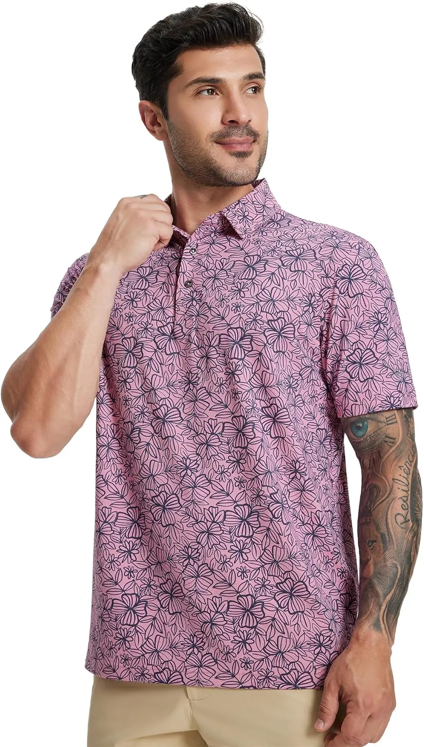 M MAELREG Golf Shirts for Men Print Performance Moisture Wicking Dry Fit Heather Stripe Collared Mens Polo Shirt Short Sleeve