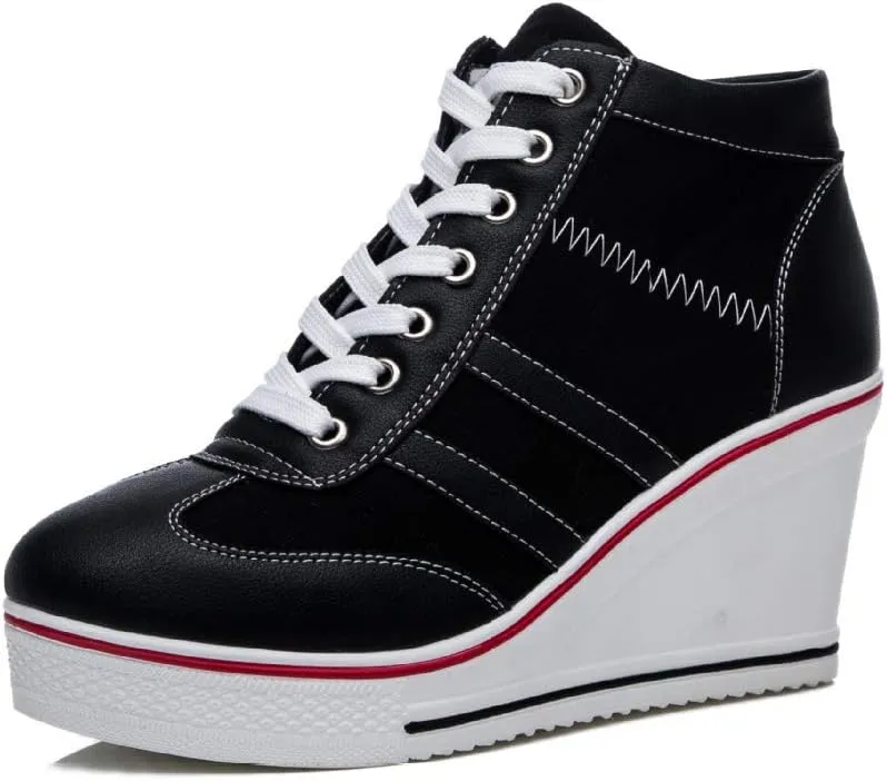 Mei MACLEOD Women Wedge Sneakers Platform Wedge High Heel Sneakers Ankle Booties Casual Canvas Shoes