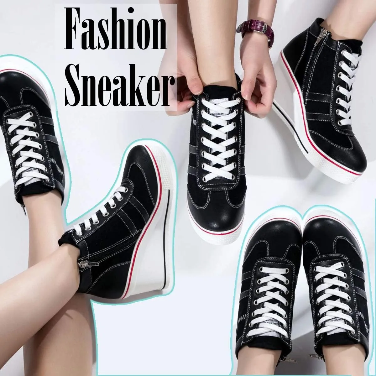 Mei MACLEOD Women Wedge Sneakers Platform Wedge High Heel Sneakers Ankle Booties Casual Canvas Shoes