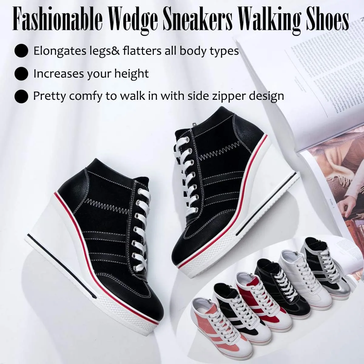 Mei MACLEOD Women Wedge Sneakers Platform Wedge High Heel Sneakers Ankle Booties Casual Canvas Shoes