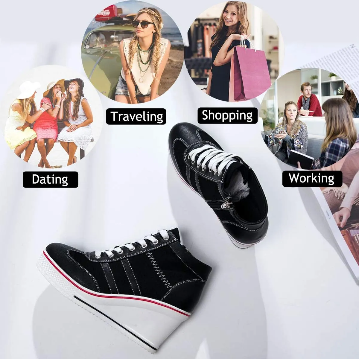 Mei MACLEOD Women Wedge Sneakers Platform Wedge High Heel Sneakers Ankle Booties Casual Canvas Shoes