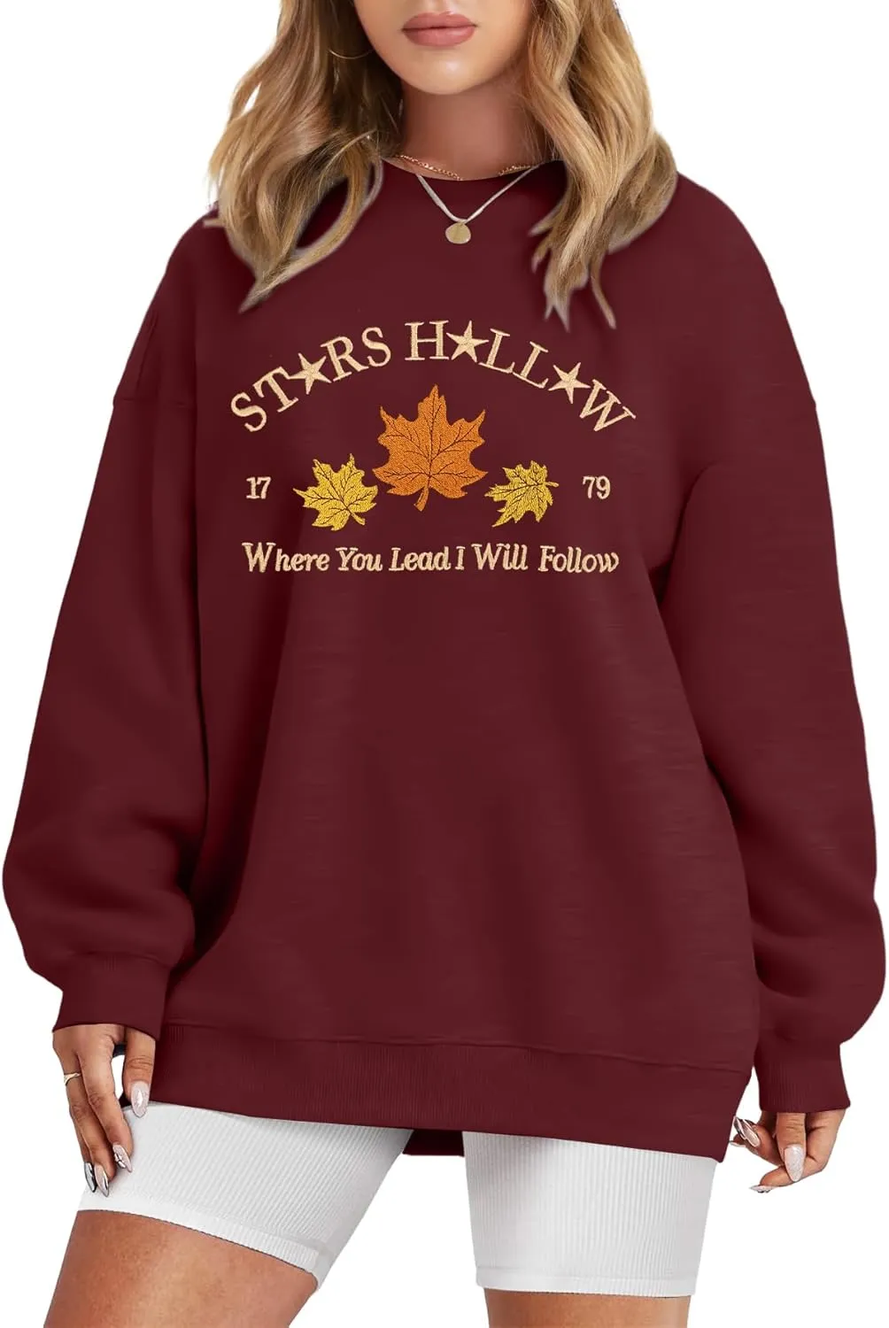 MYHALF Crewneck Sweatshirt for Women Fall Leaf Graphic Sweatshirts Vacation Long Sleeve Drop Shoulder Pullover