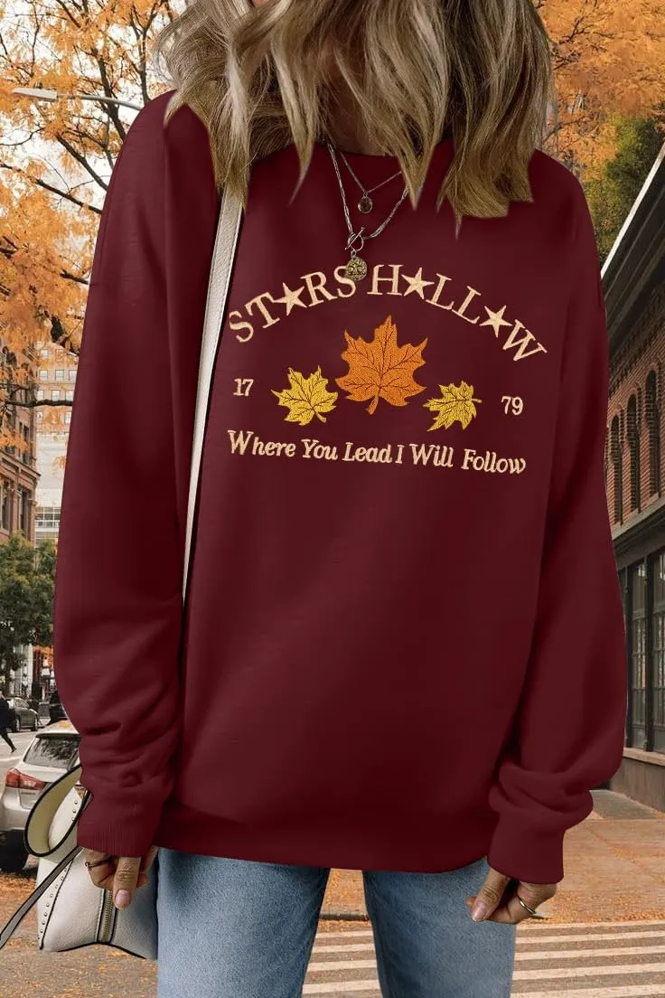 MYHALF Crewneck Sweatshirt for Women Fall Leaf Graphic Sweatshirts Vacation Long Sleeve Drop Shoulder Pullover