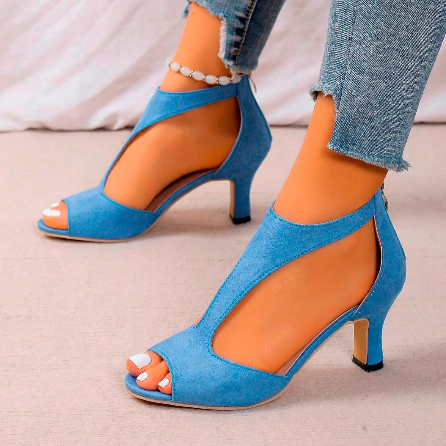 Summer Sandals for Women Open Toe Stiletto Heels T-Strap Dress Shoes Cutout Low Kitten Heeled Back Zip Retro Pumps