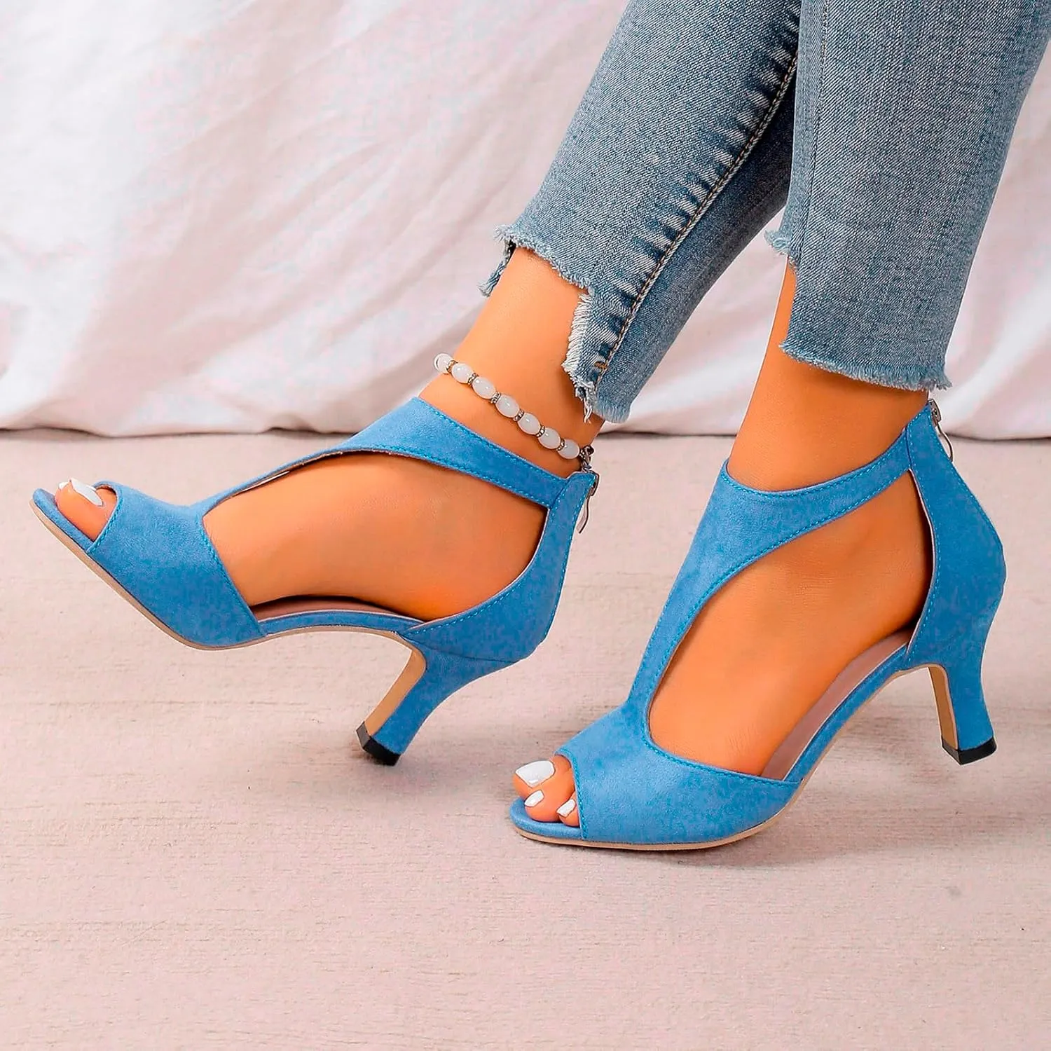 Summer Sandals for Women Open Toe Stiletto Heels T-Strap Dress Shoes Cutout Low Kitten Heeled Back Zip Retro Pumps