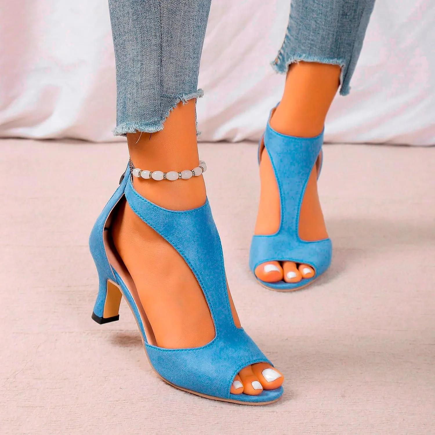 Summer Sandals for Women Open Toe Stiletto Heels T-Strap Dress Shoes Cutout Low Kitten Heeled Back Zip Retro Pumps