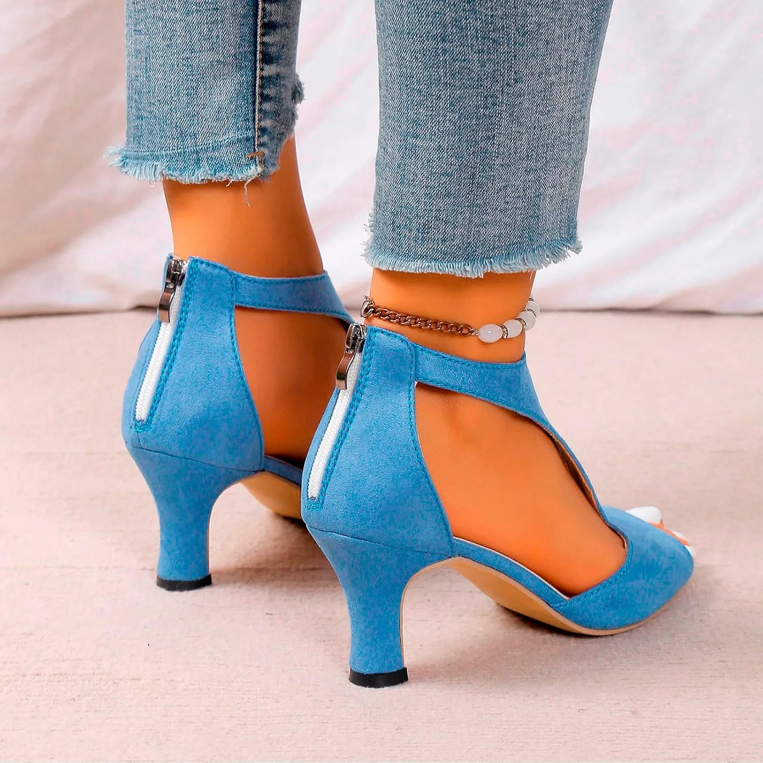 Summer Sandals for Women Open Toe Stiletto Heels T-Strap Dress Shoes Cutout Low Kitten Heeled Back Zip Retro Pumps