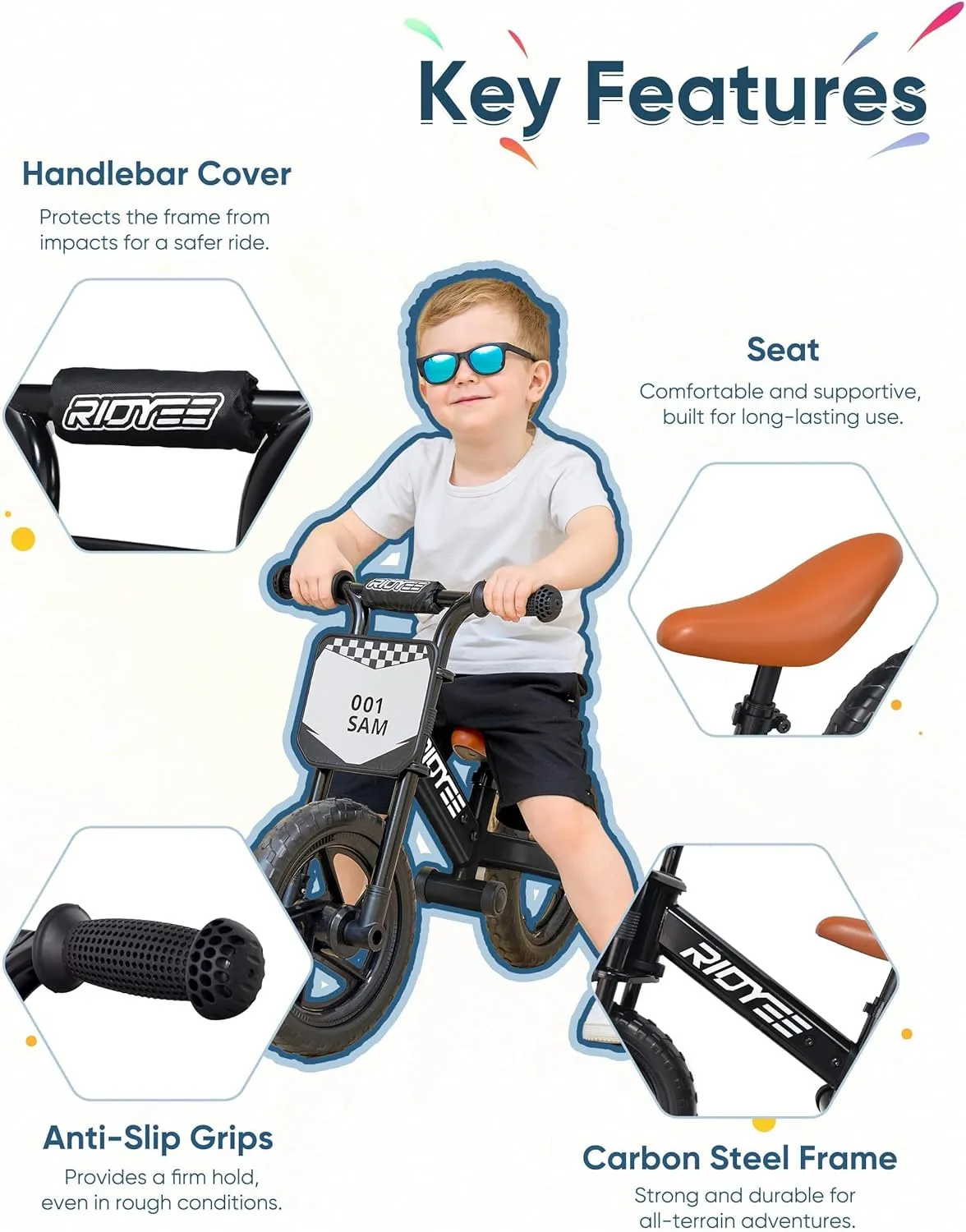Toddler Balance Bike 2 Year Old, Kids Balance Bike for 2 to 5 Year with Tool-Free Adjustment, Limited Steering, Footrest, Custom Name Plate with Stickers, Gift Bike for 2-3 Boys