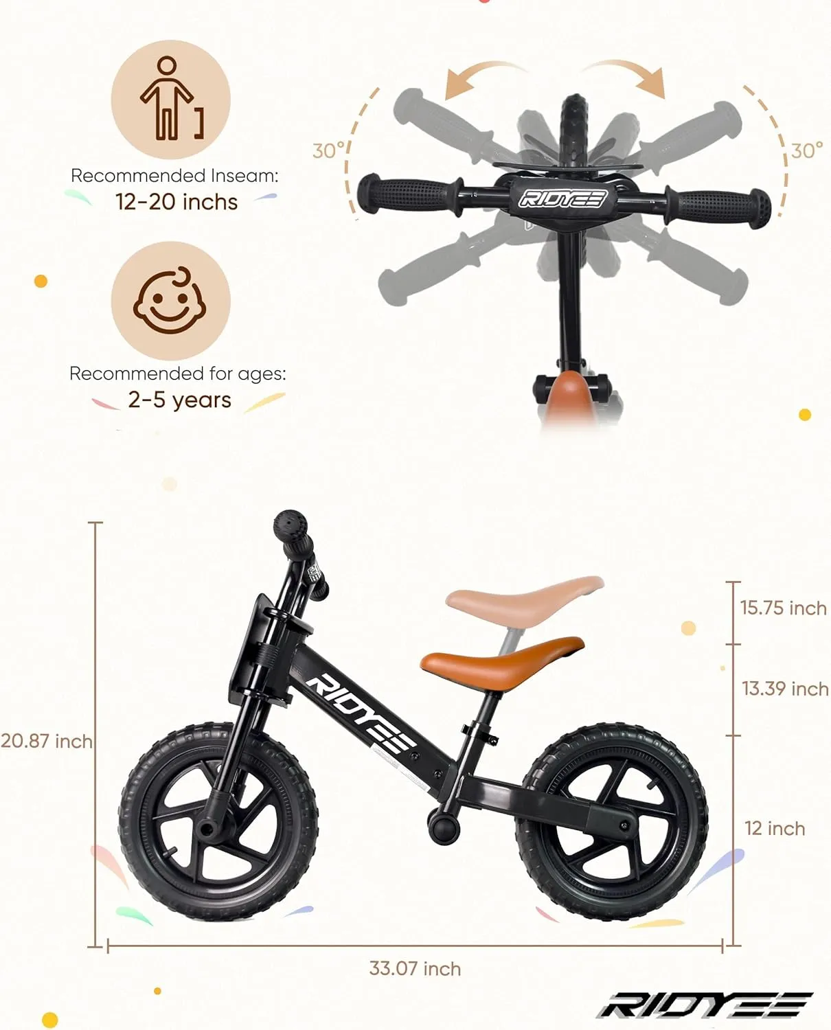 Toddler Balance Bike 2 Year Old, Kids Balance Bike for 2 to 5 Year with Tool-Free Adjustment, Limited Steering, Footrest, Custom Name Plate with Stickers, Gift Bike for 2-3 Boys