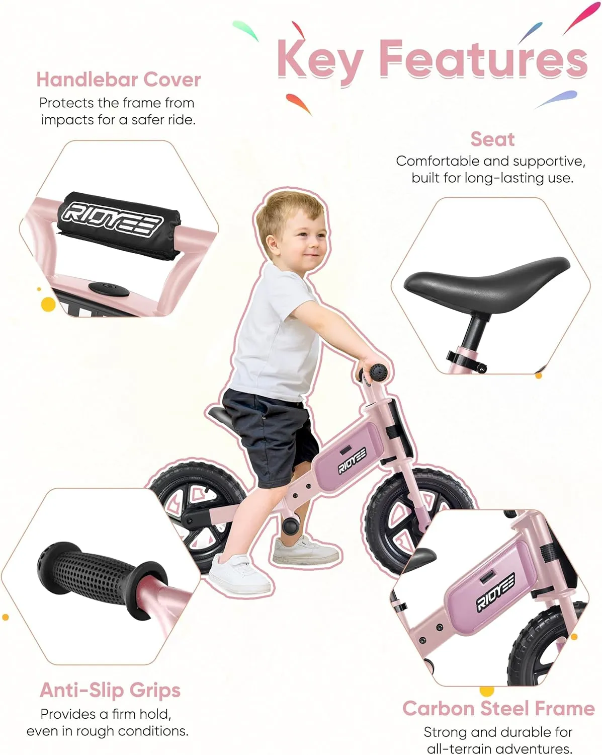 Toddler Balance Bike 2 Year Old, Kids Balance Bike for 2 to 5 Year with Tool-Free Adjustment, Limited Steering, Footrest, Custom Name Plate with Stickers, Gift Bike for 2-3 Boys