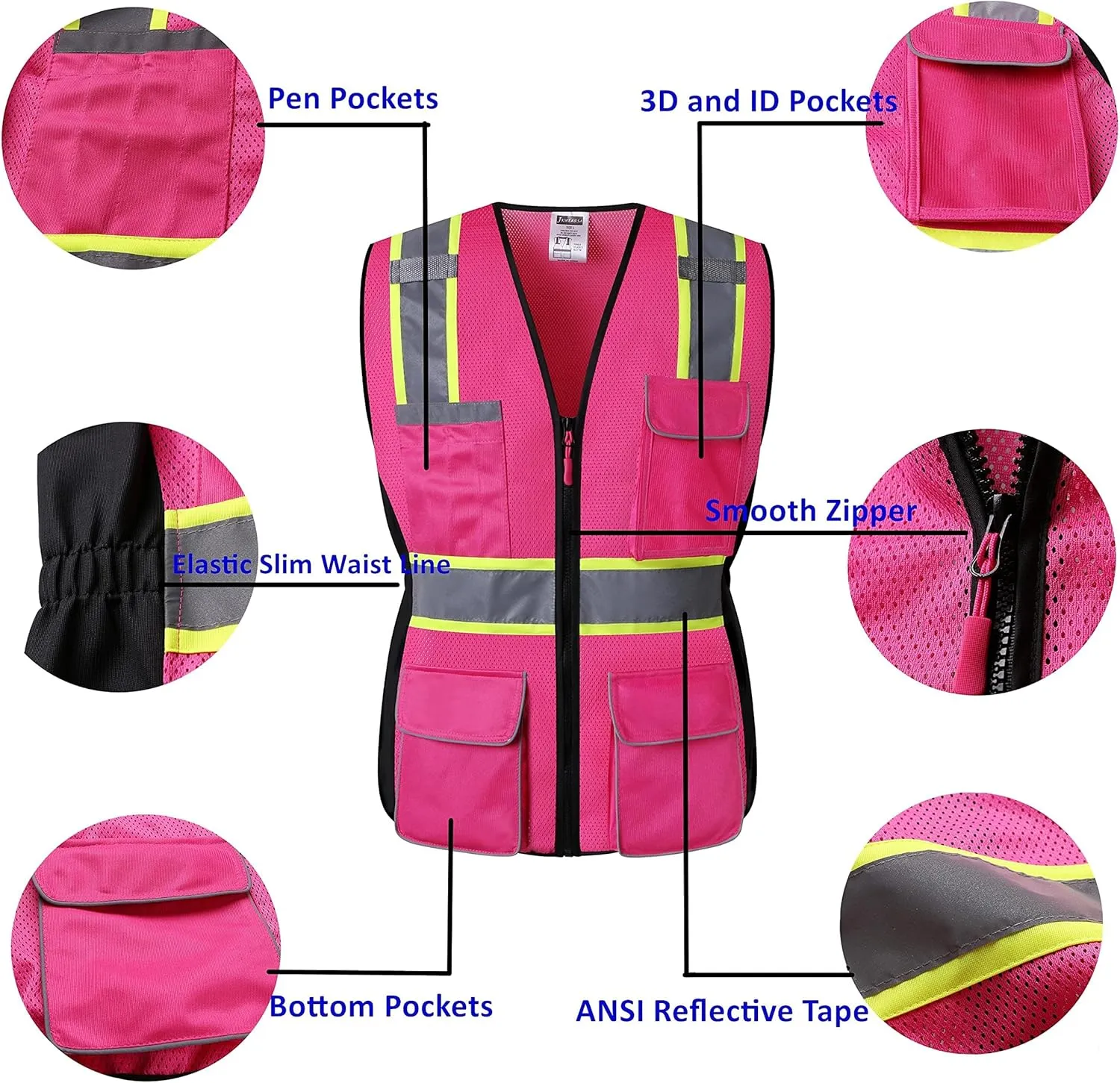 Women Safety Vest, Multi Pockets High Visibility Reflective Breathable Mesh Work Vest For Lady, Durable Zipper