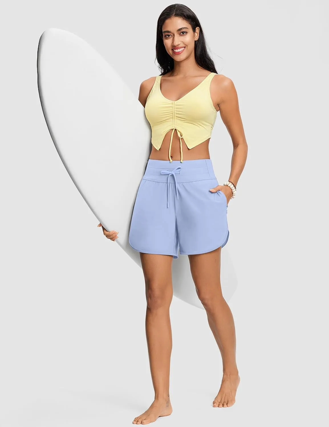 Women's 5" High Waisted Tummy Control Swim Board Shorts Quick Dry Swimming Shorts for Women with Liner Pockets