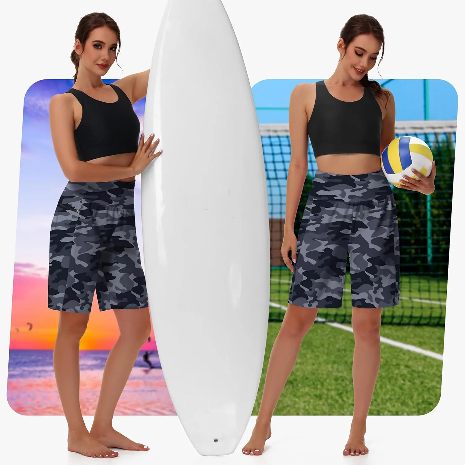 Women's 9" Long Swim Board Shorts with Zip Pockets High Waisted Knee Length Beach Swimming Shorts for Women with Liner