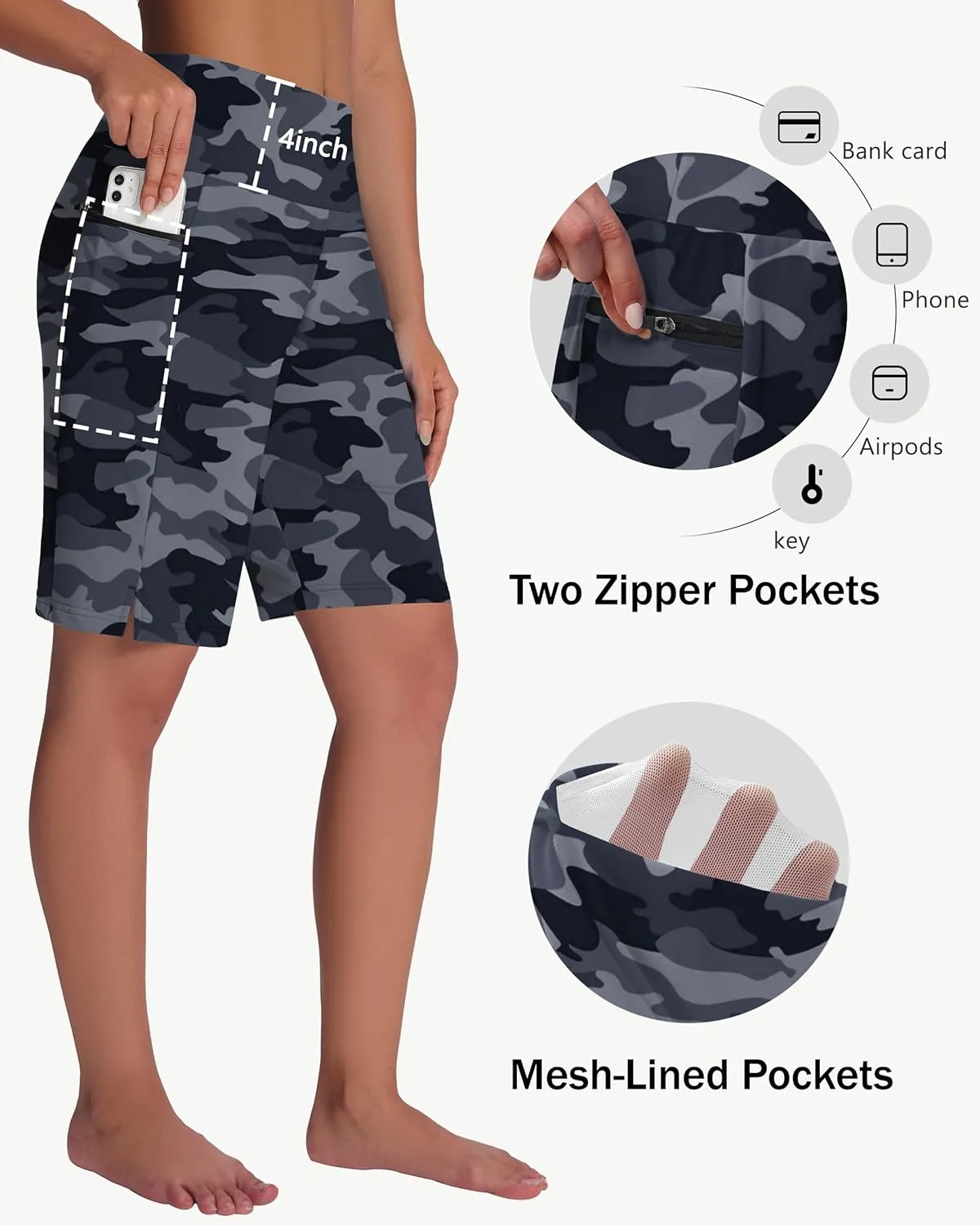 Women's 9" Long Swim Board Shorts with Zip Pockets High Waisted Knee Length Beach Swimming Shorts for Women with Liner