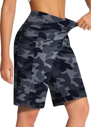 Women's 9" Long Swim Board Shorts with Zip Pockets High Waisted Knee Length Beach Swimming Shorts for Women with Liner