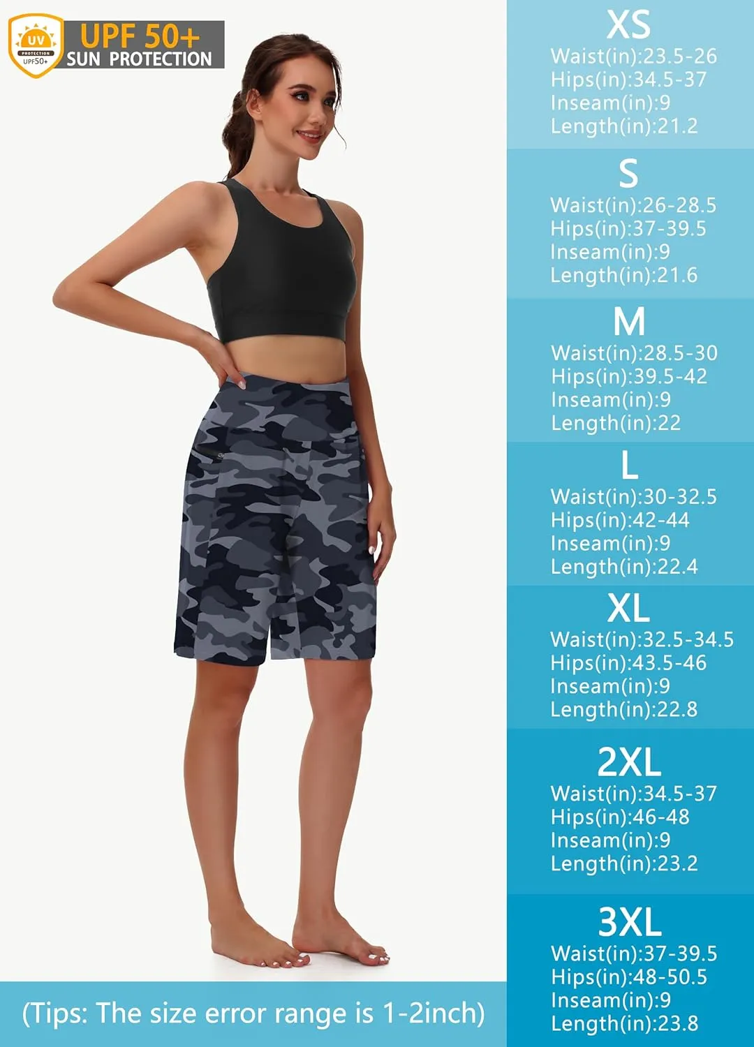 Women's 9" Long Swim Board Shorts with Zip Pockets High Waisted Knee Length Beach Swimming Shorts for Women with Liner
