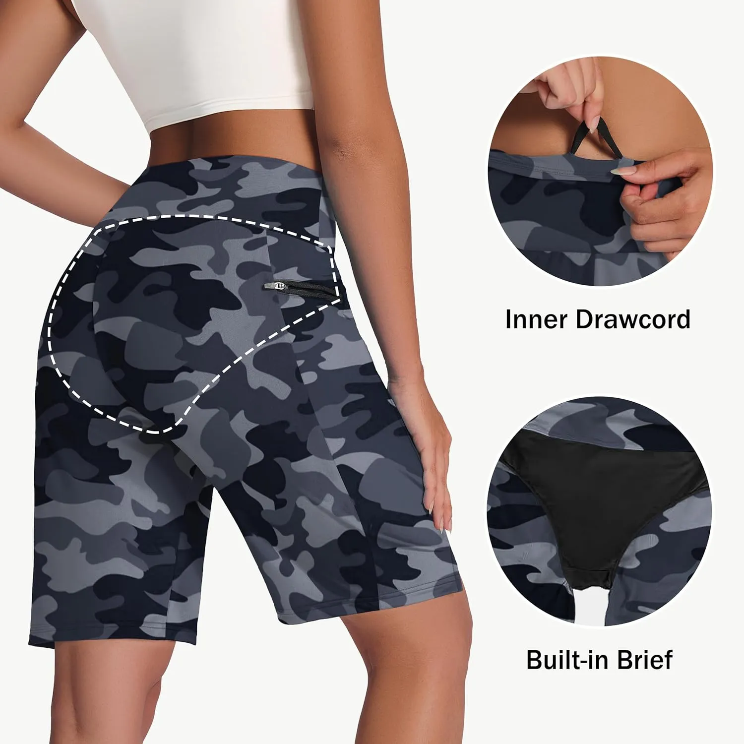 Women's 9" Long Swim Board Shorts with Zip Pockets High Waisted Knee Length Beach Swimming Shorts for Women with Liner
